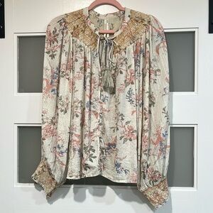 By Anthropologie boho metallic Floral Print Blouse with Smocked Details XL